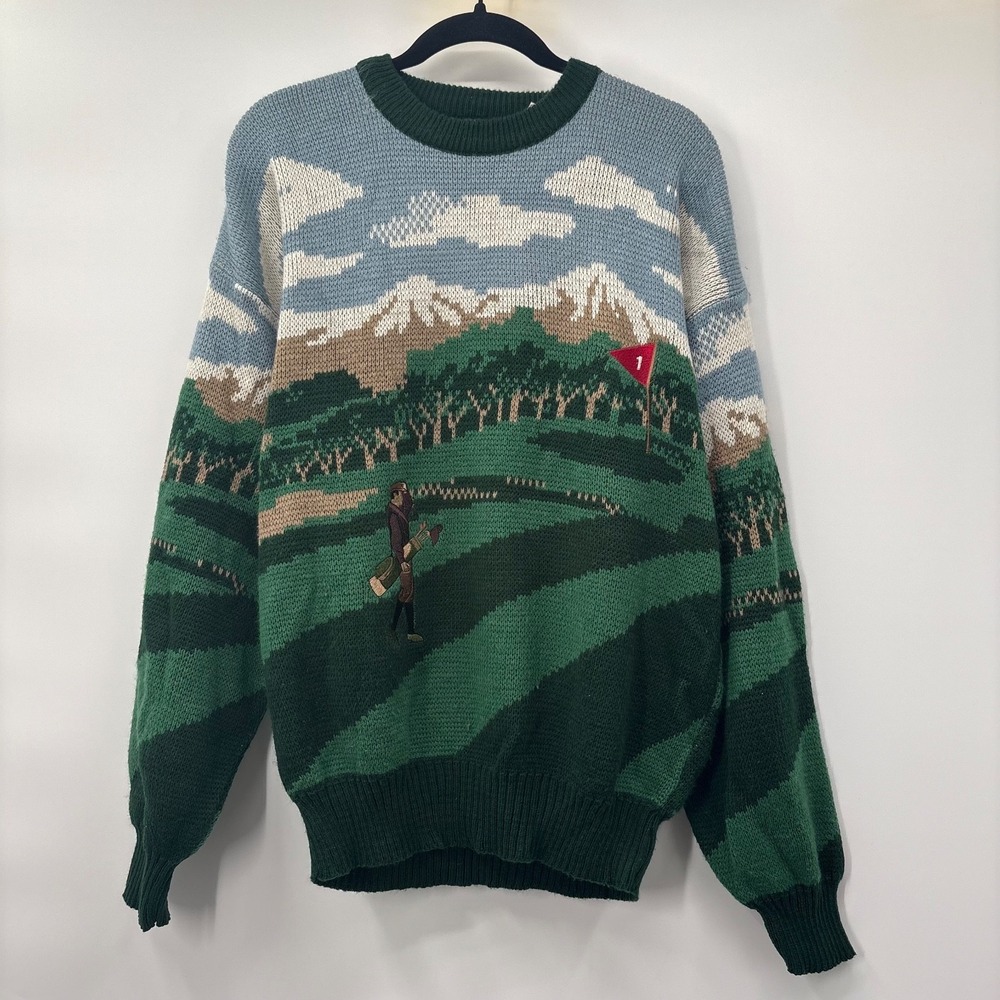 Campus Mens Size XL Golf Sweater AOP Pattern Vintage 1980s Knit Pullover Green